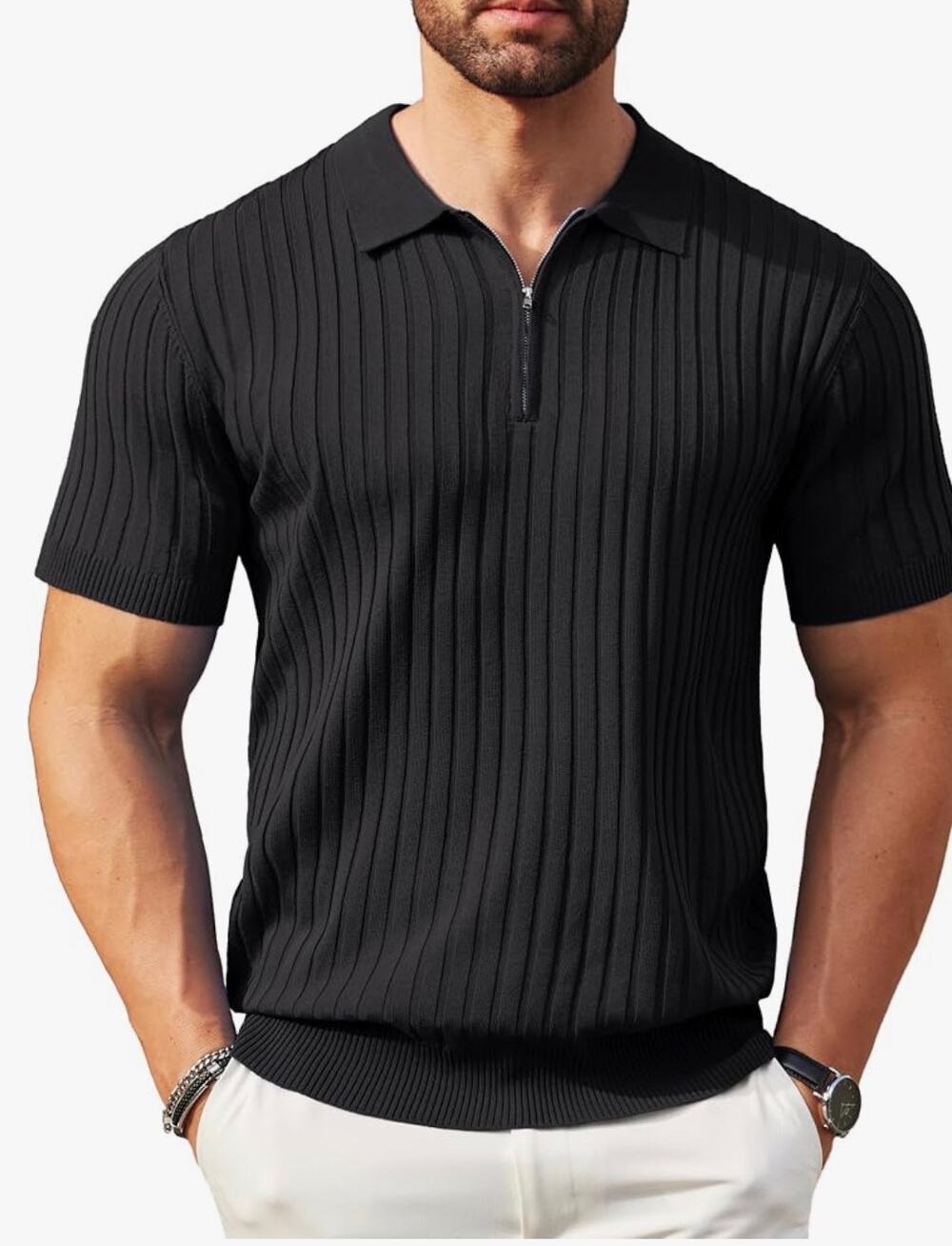 Coofandy Black Ribbed Knit Quarter Zip Short Sleeve Polo Shirt Men's Size XL
